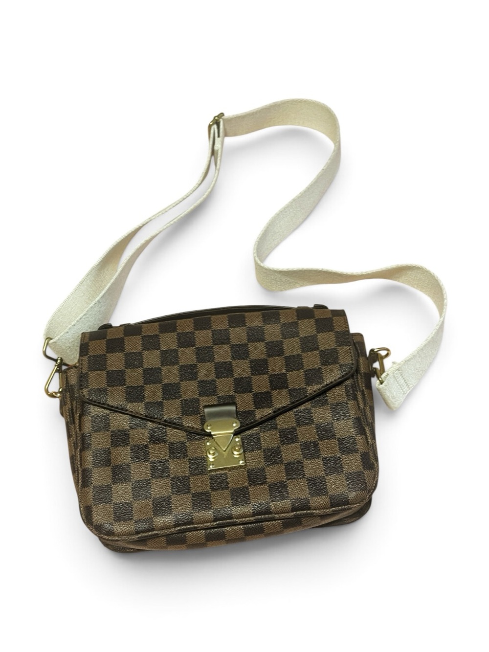 Brown Checkered Crossbody Bag with Cream Strap